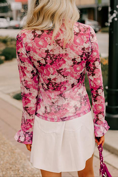 Floral Mesh Mock Neck Blouse