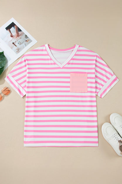 Plus Size Stripe Colorblock Patch Pocket Tee