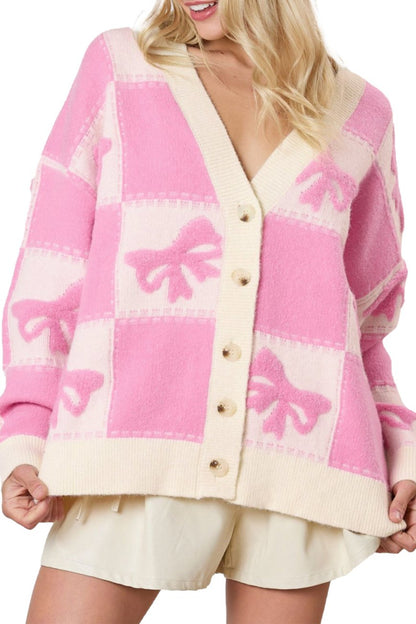 Bow Checker Buttoned V-Neck Cardigan