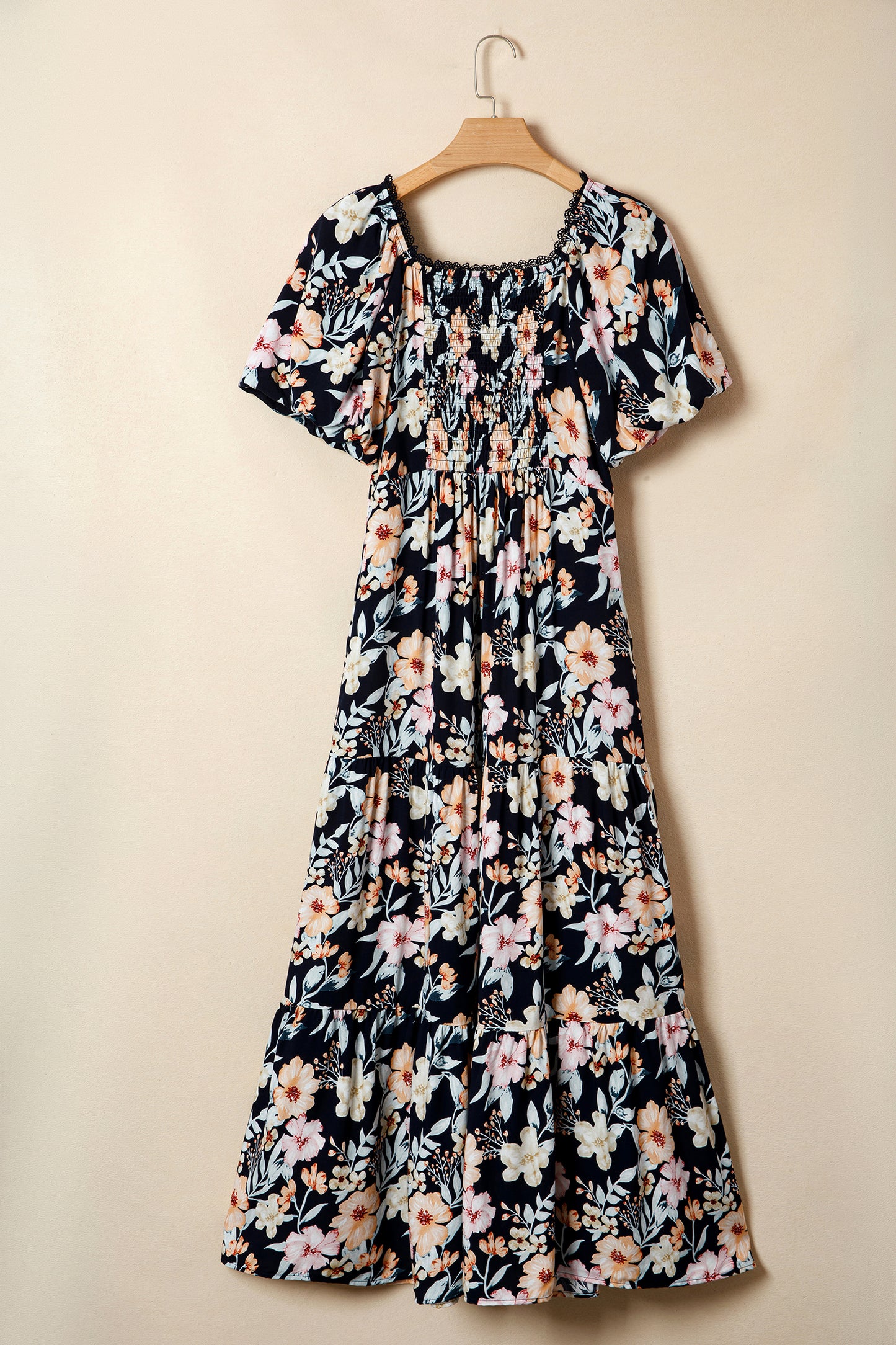 Floral Short Sleeve Smocked High Waist Maxi Dress