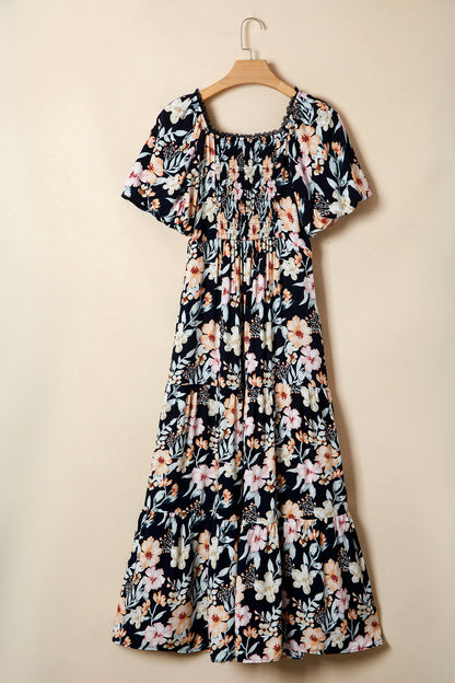 Floral Short Sleeve Smocked High Waist Maxi Dress