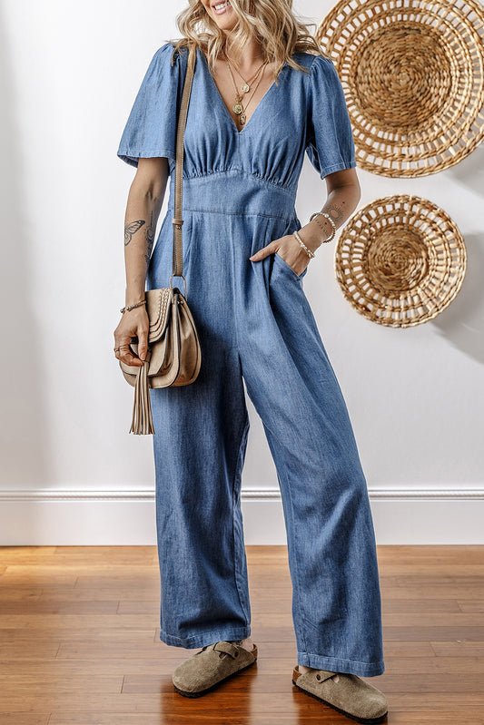 Denim V-Neck Short Sleeve Jumpsuit