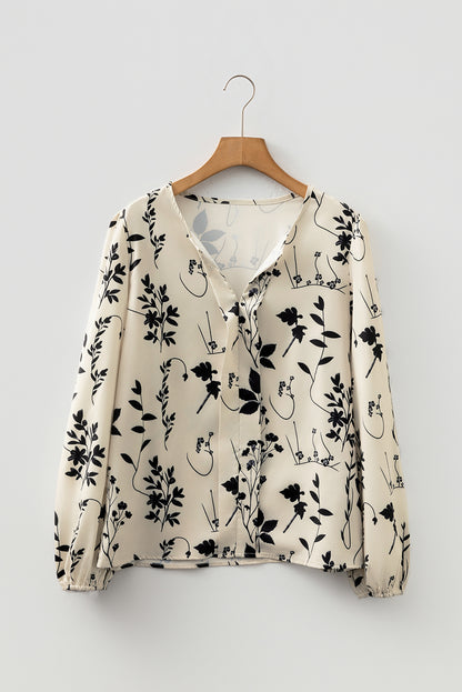 Floral Split Neck Long Sleeve Blouse