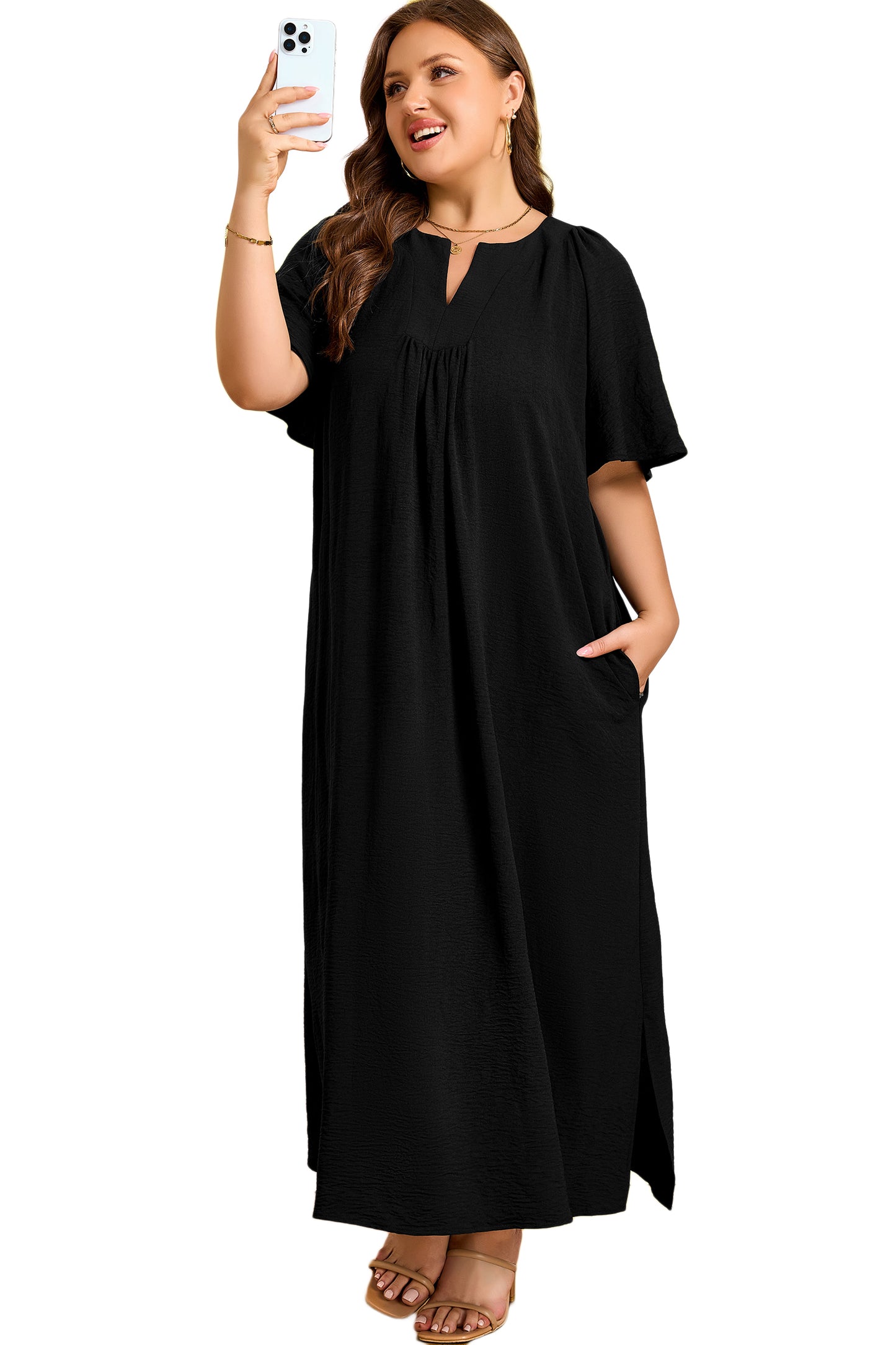 Plus Size Solid Notched Neck Short Sleeve Dress