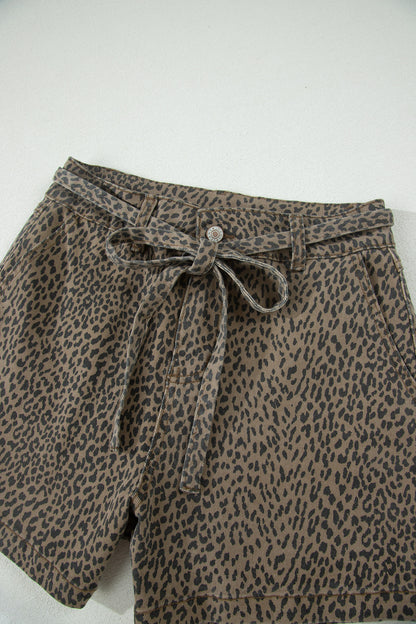 Leopard Denim Tie High Waist Shorts