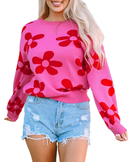 Floral Ribbed Trim Crewneck Sweater