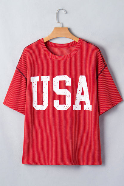 USA Corded Knit Short Sleeve Graphic Top