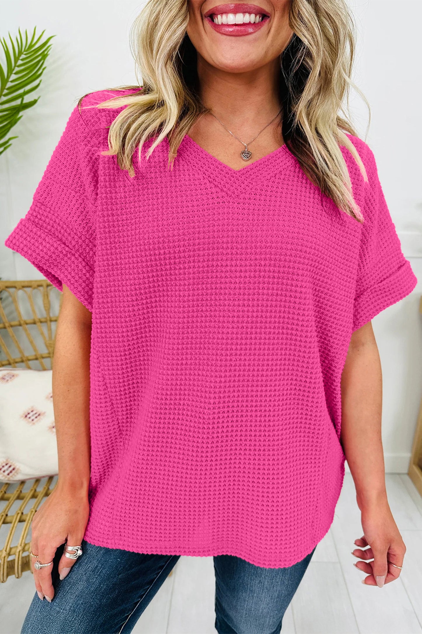 Solid Waffle Knit V-Neck Short Sleeve Top