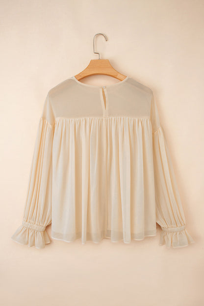 Solid Chiffon Pleated Ruffle Long Sleeve Blouse
