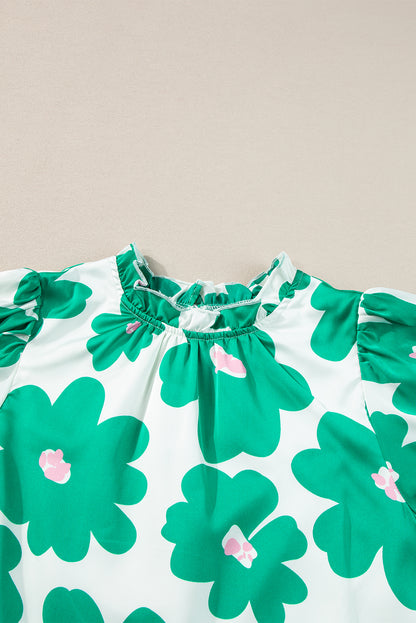 Floral Puff Sleeve Frilled Neck Blouse