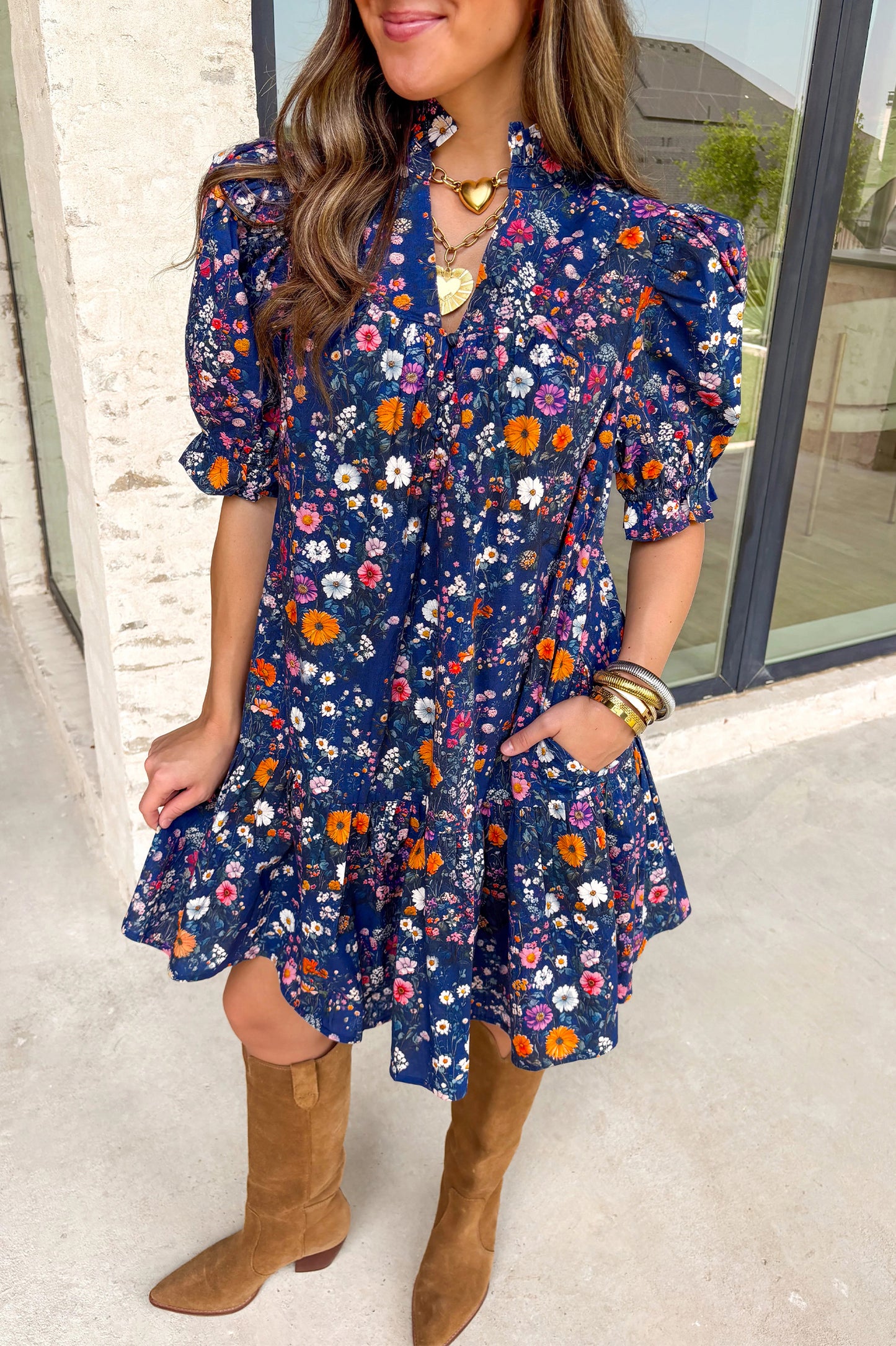 Floral Split Neck Puff Sleeve Mini Dress