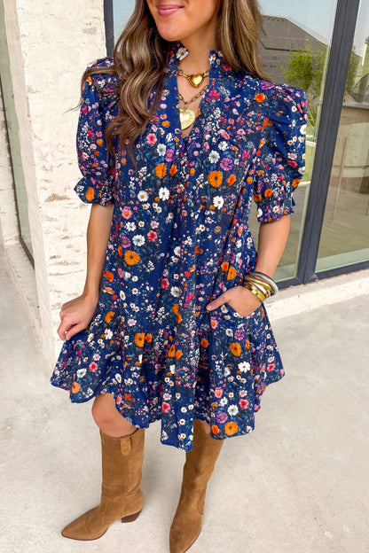 Floral Split Neck Puff Sleeve Mini Dress