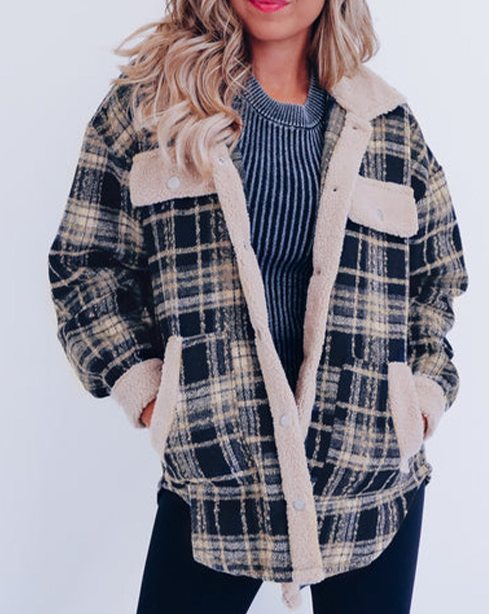 Plaid Sherpa Trim Pocketed Shacket