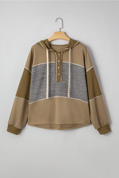 Waffle Knit Patchwork Buttoned Hooded Sweatshirt