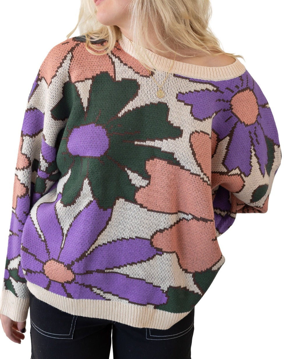 Retro Floral Ribbed Trim Sweater