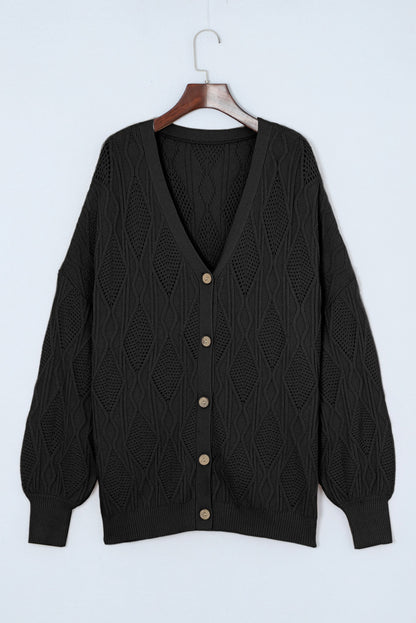 Plus Size Cable Knit Buttoned V-Neck Cardigan