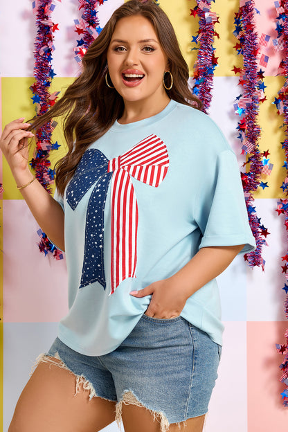 Plus Size Patriotic Stars & Stripes Bow Patchwork T-Shirt