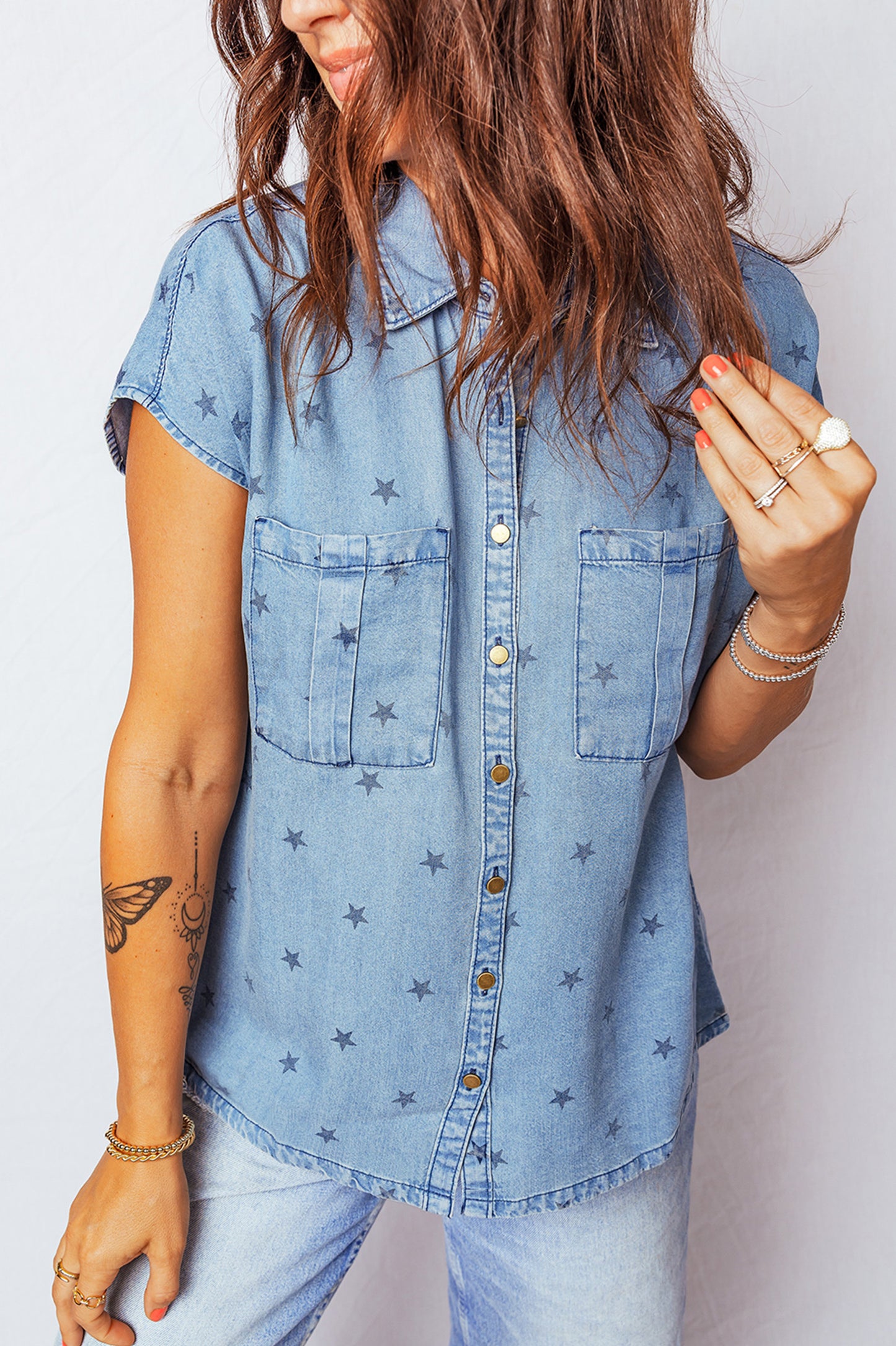 Star Denim Double Chest Pocket Short Sleeve Shirt