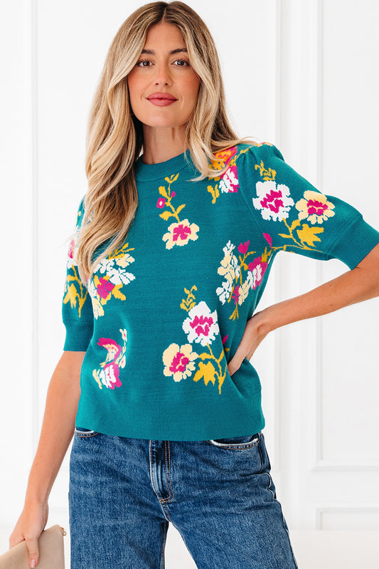 Floral Knit Crewneck Short Sleeve Top
