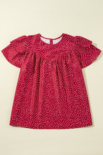 Dotted Ruffle Sleeve Ruched Blouse