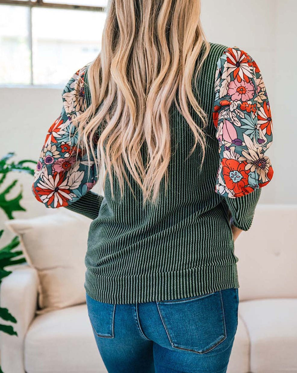 Floral Colorblock Bishop Sleeve Top