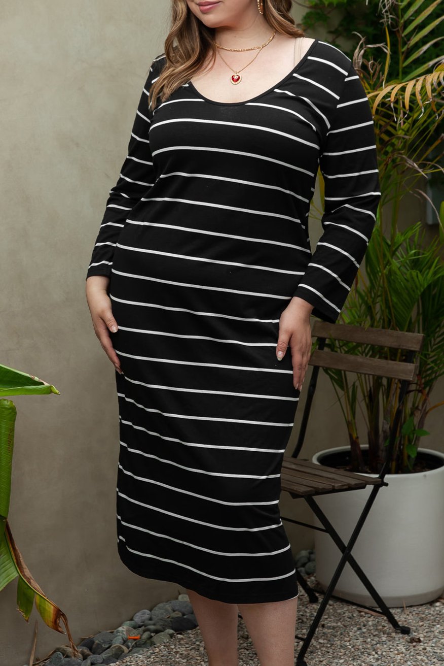 Plus Size Stripe Long Sleeve Midi Dress