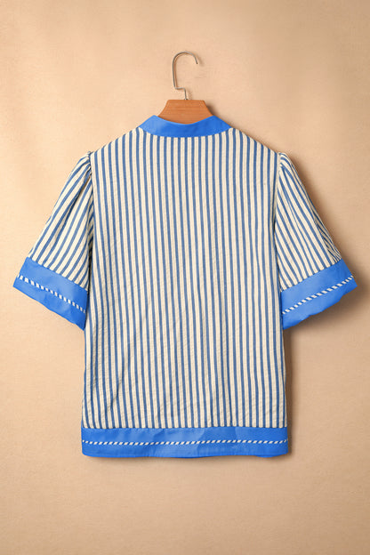Stripe Colorblock V-Neck Short Sleeve Blouse