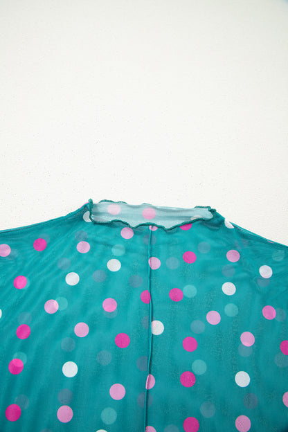 Polka Dot Mesh Bodycon Mock Neck Top