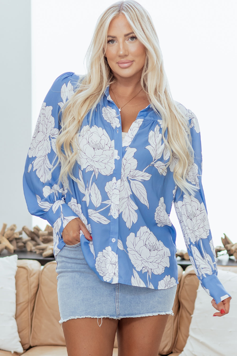 Floral Button-Up Pleated Puff Sleeve Shirt