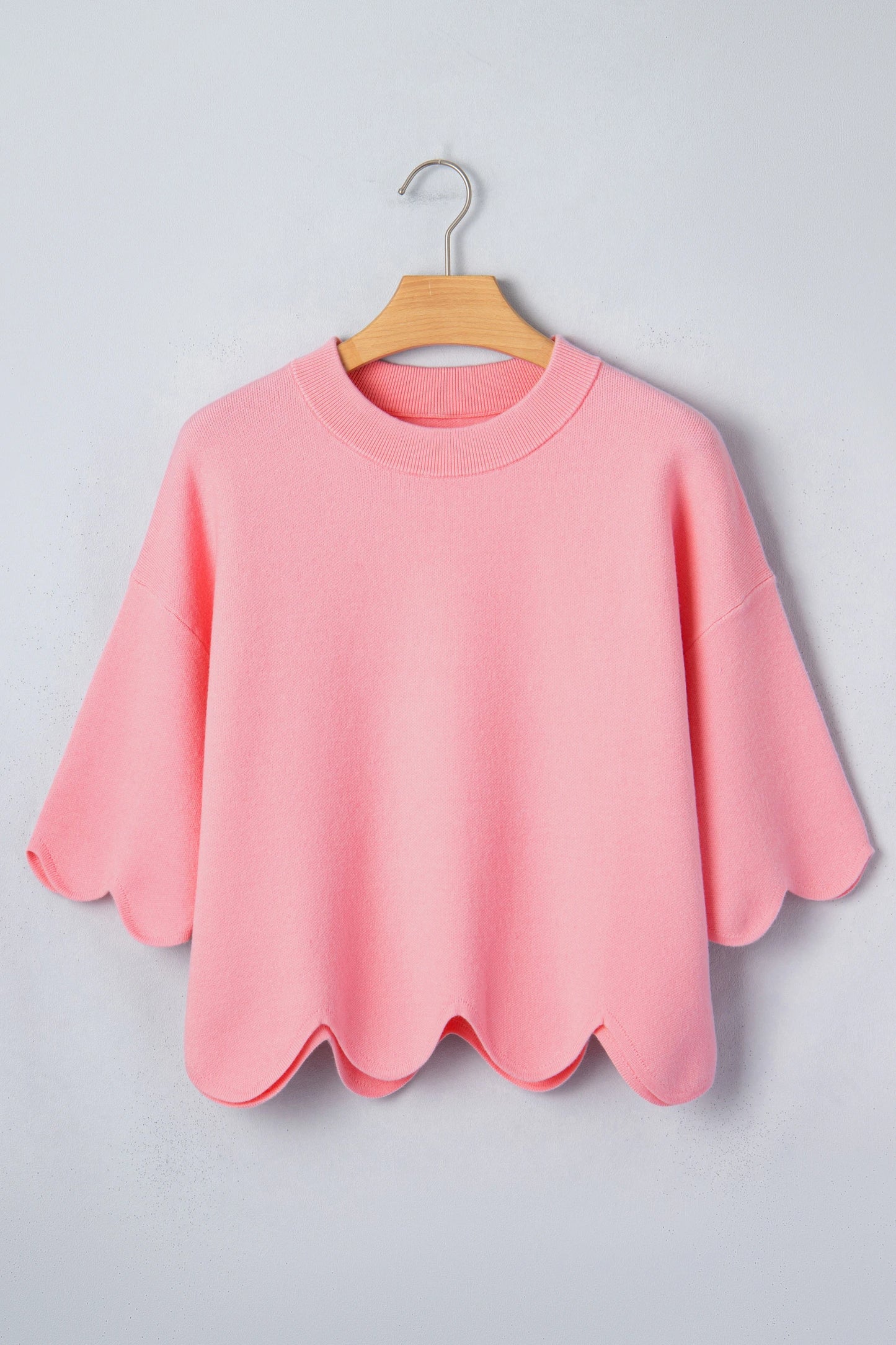 Solid Scalloped Hem 3/4 Sleeve Sweater Top