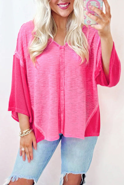 Colorblock 3/4 Sleeve V-Neck Blouse