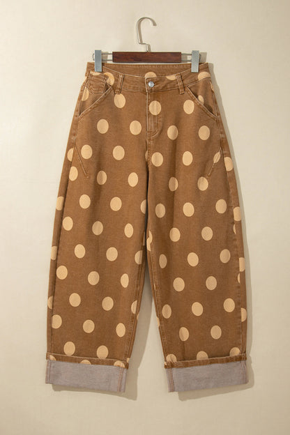 Polka Dot Denim Folded Hem High Waist Jeans