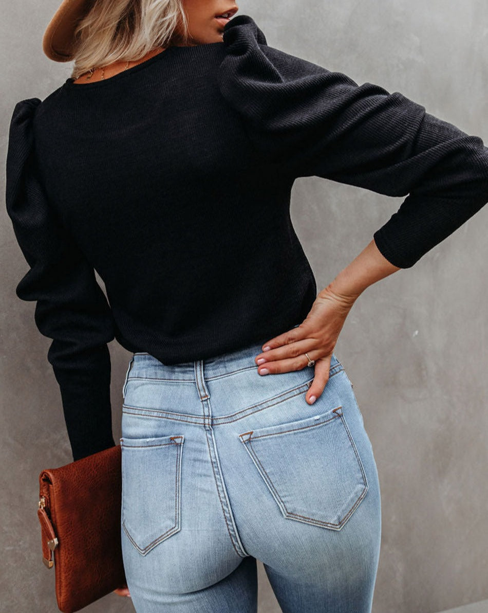 Ribbed Long Puff Sleeve Top