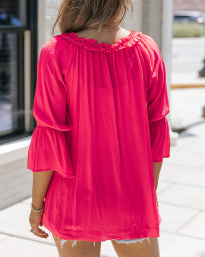 Ruffle 3/4 Sleeve Tassel Tie Top