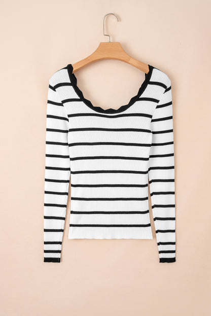 Stripe Scalloped Scoop Neck Ribbed Knit Sweater