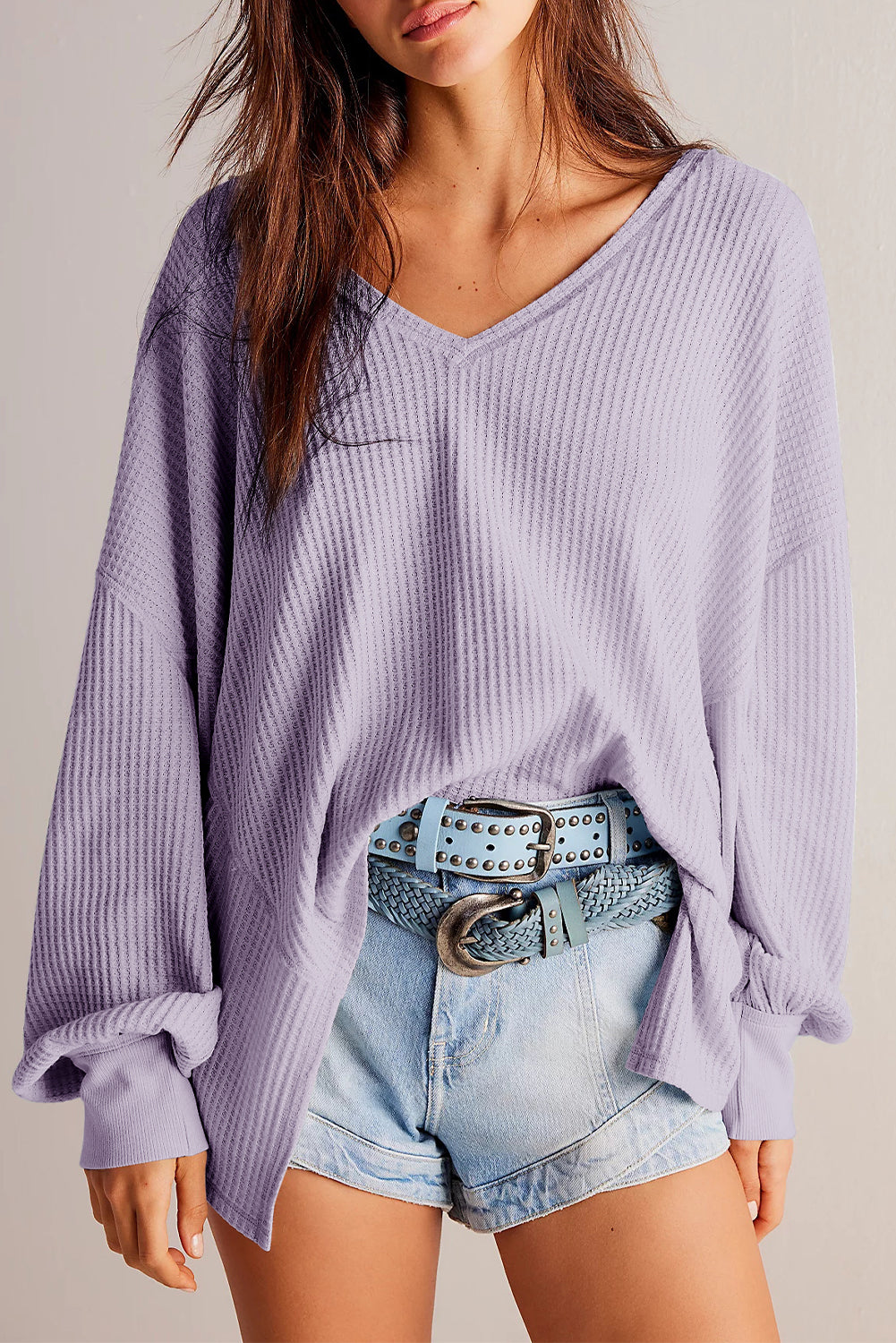 Waffle V-Neck Long Sleeve Blouse