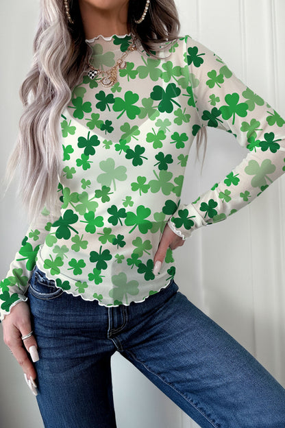 St Patrick Shamrock Lettuce Trim Mock Neck Top
