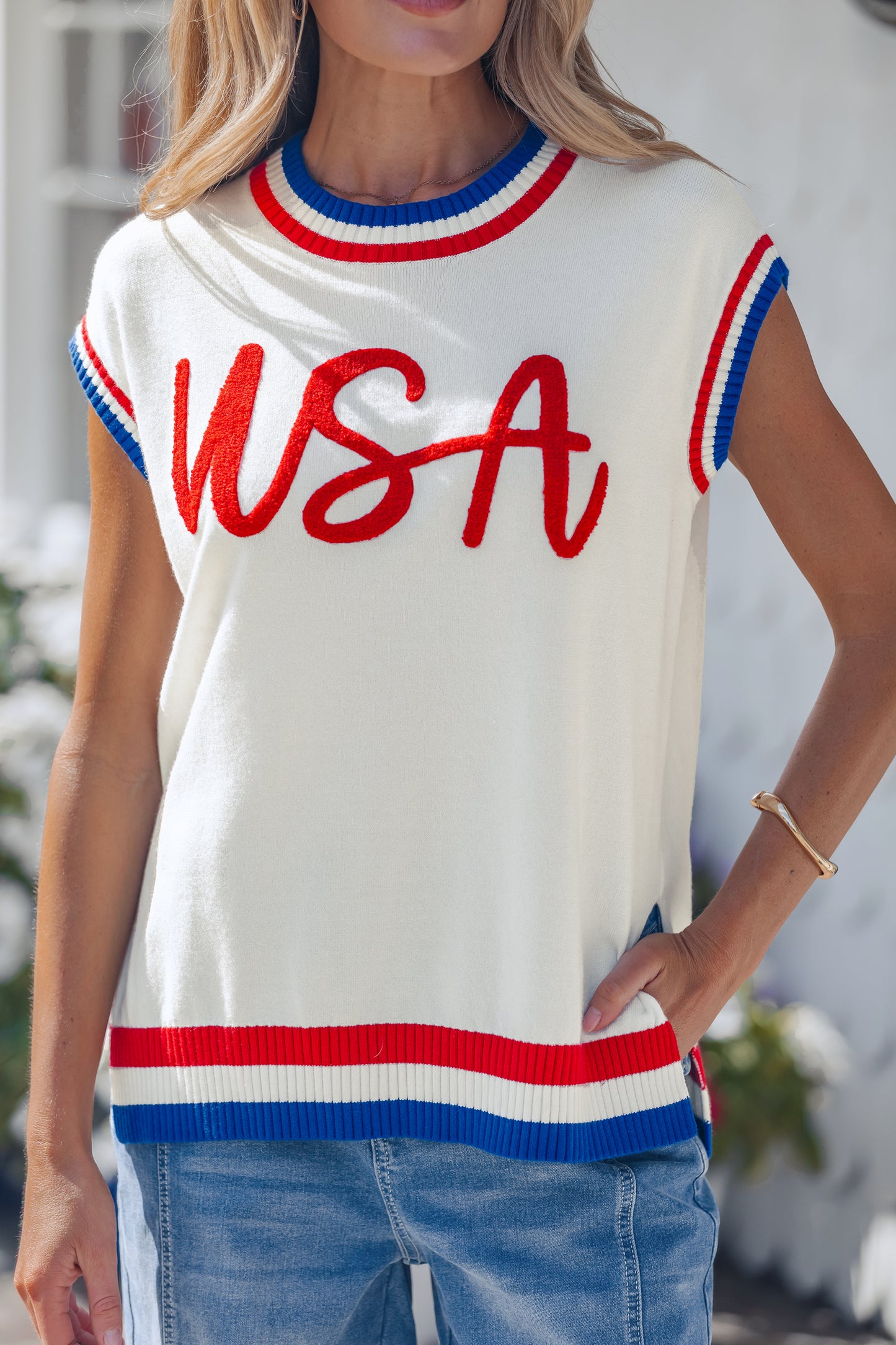 USA Stripe Contrast Trim Short Sleeve Sweater