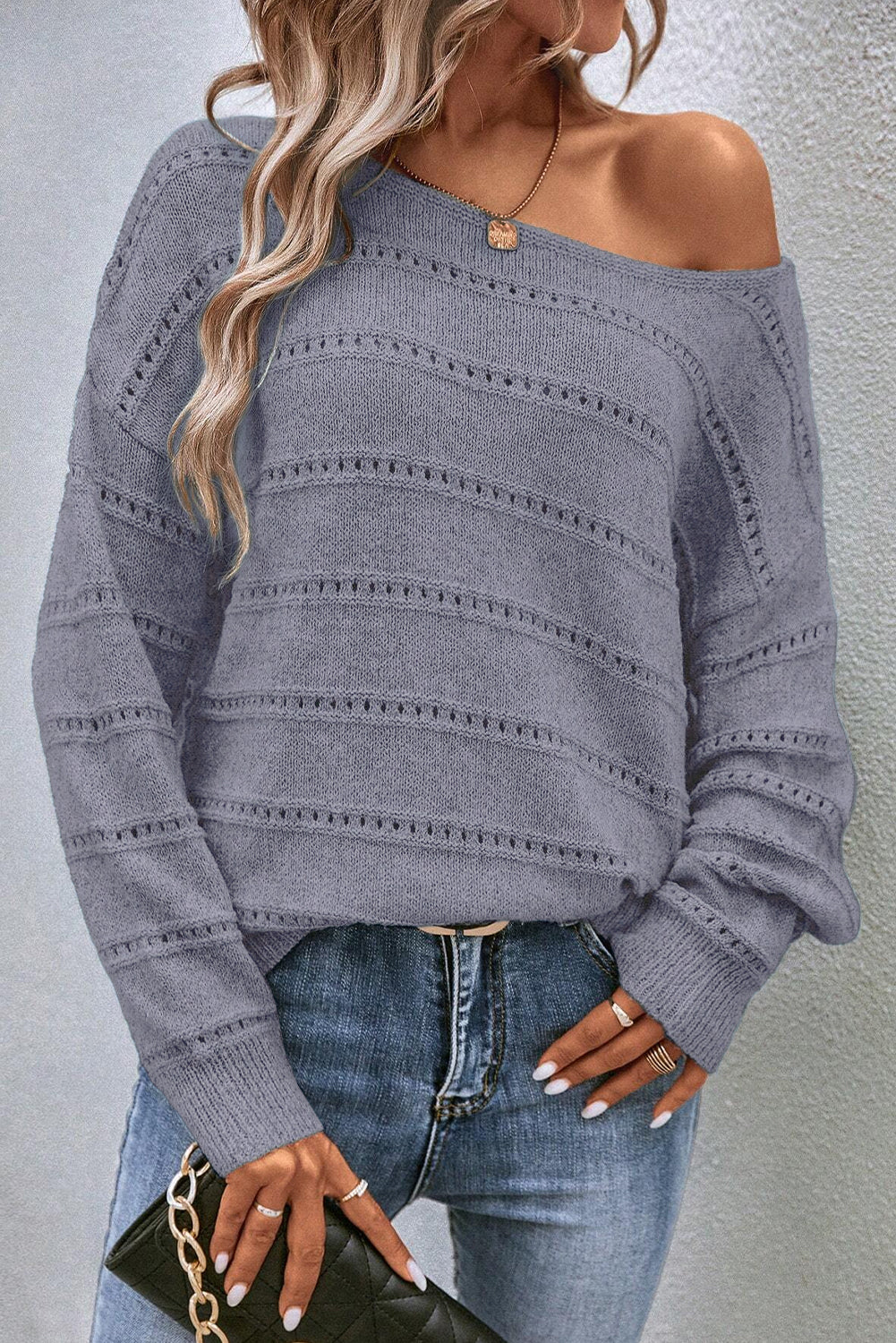 Pointelle Knit Boatneck Sweater