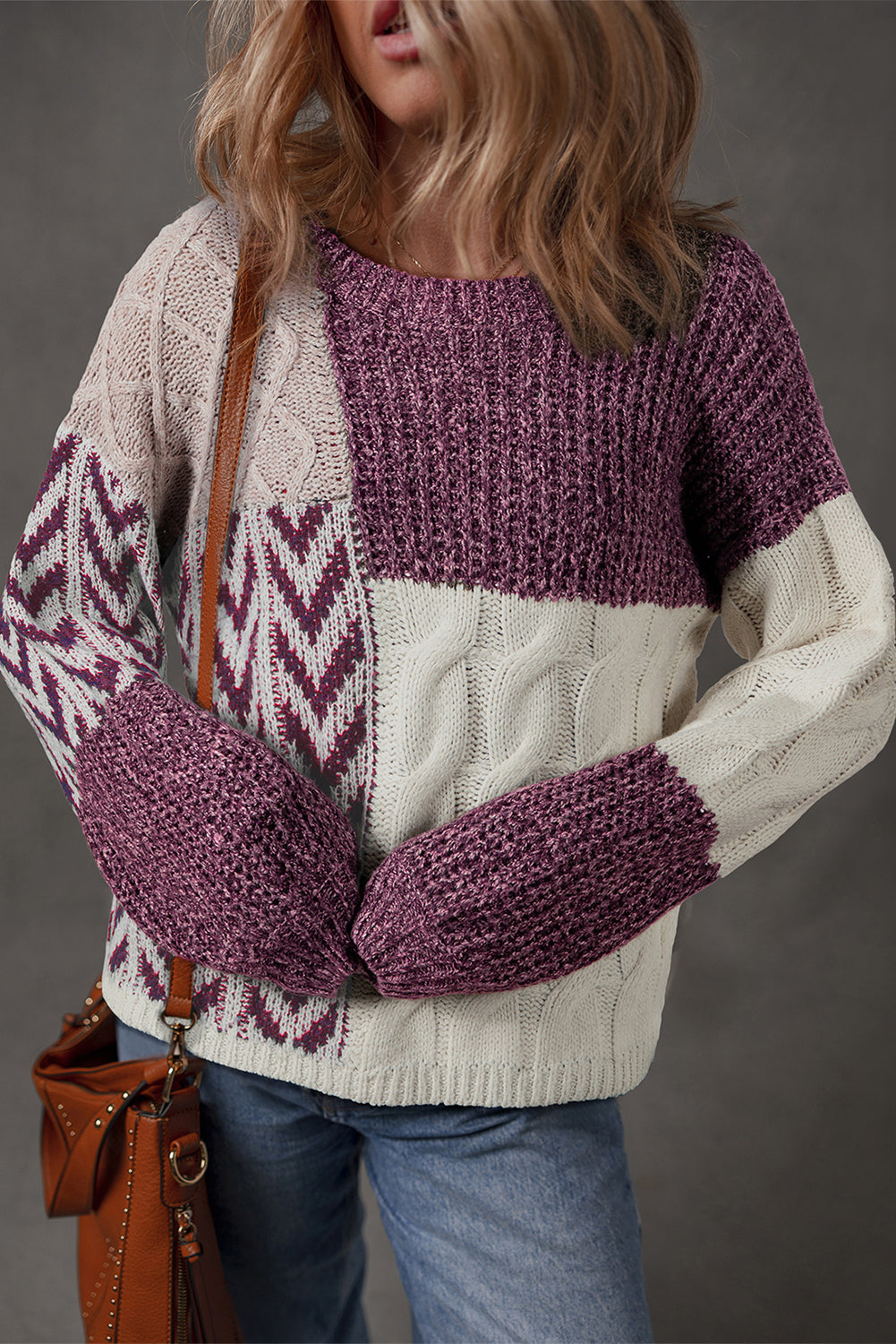 Colorblock Cable Knit Patchwork Tied Back Sweater
