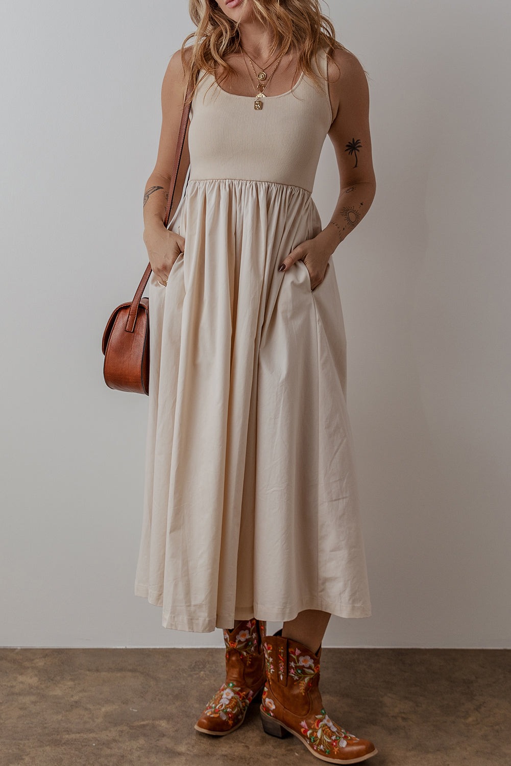 Pleated Scoop Neck Sleeveless Long Dress