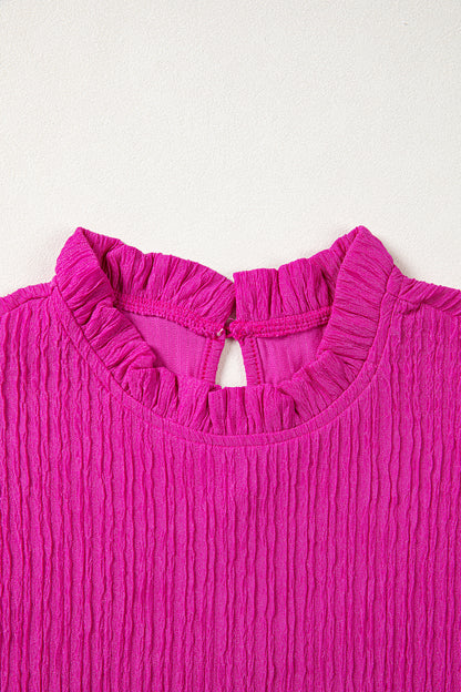 Solid Textured Ruffle Trim Short Sleeve Blouse