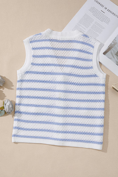 Stripe Buttoned V-Neck Sweater Knit Top