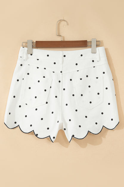 Polka Dot Denim Embroidered Scallop Hem Shorts