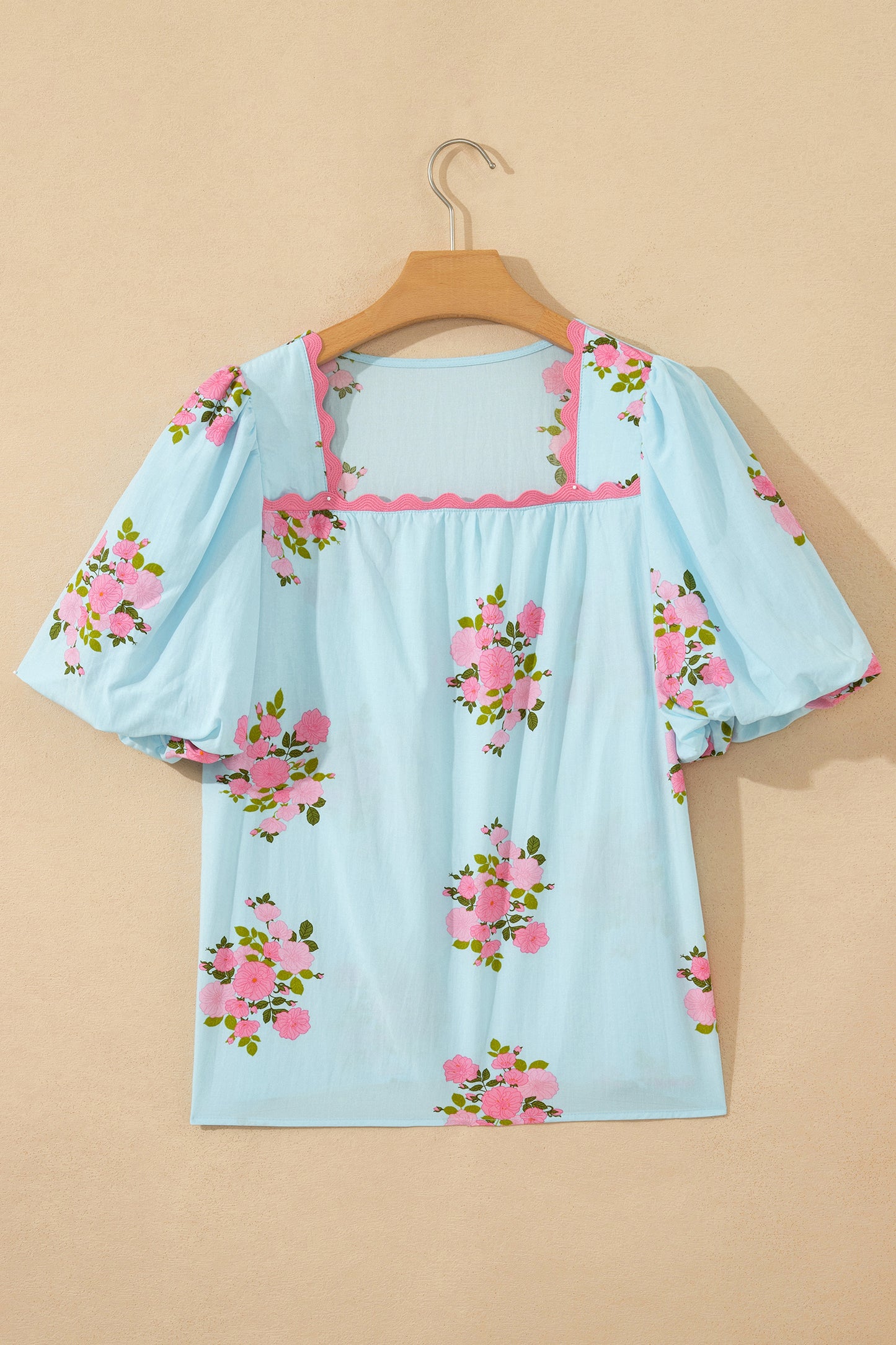 Floral Contrast Ricrac Trim Bubble Sleeve Blouse