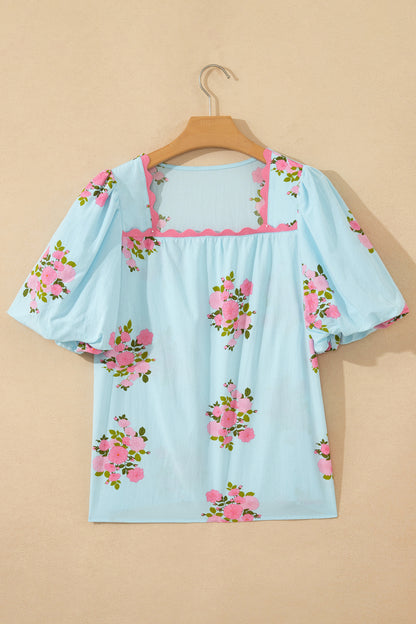 Floral Contrast Ricrac Trim Bubble Sleeve Blouse