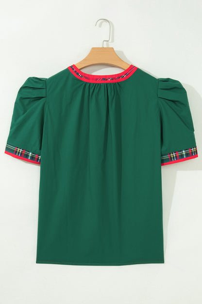 Plaid Contrast Trim V-Neck Short Sleeve Blouse