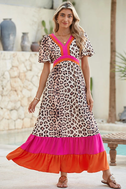 Leopard Colorblock Bubble Sleeve Maxi Dress