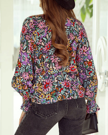 Floral Frilled Long Sleeve V-Neck Blouse