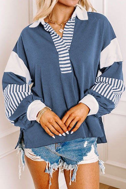 Stripe Colorblock Collared V-Neck Sweatshirt